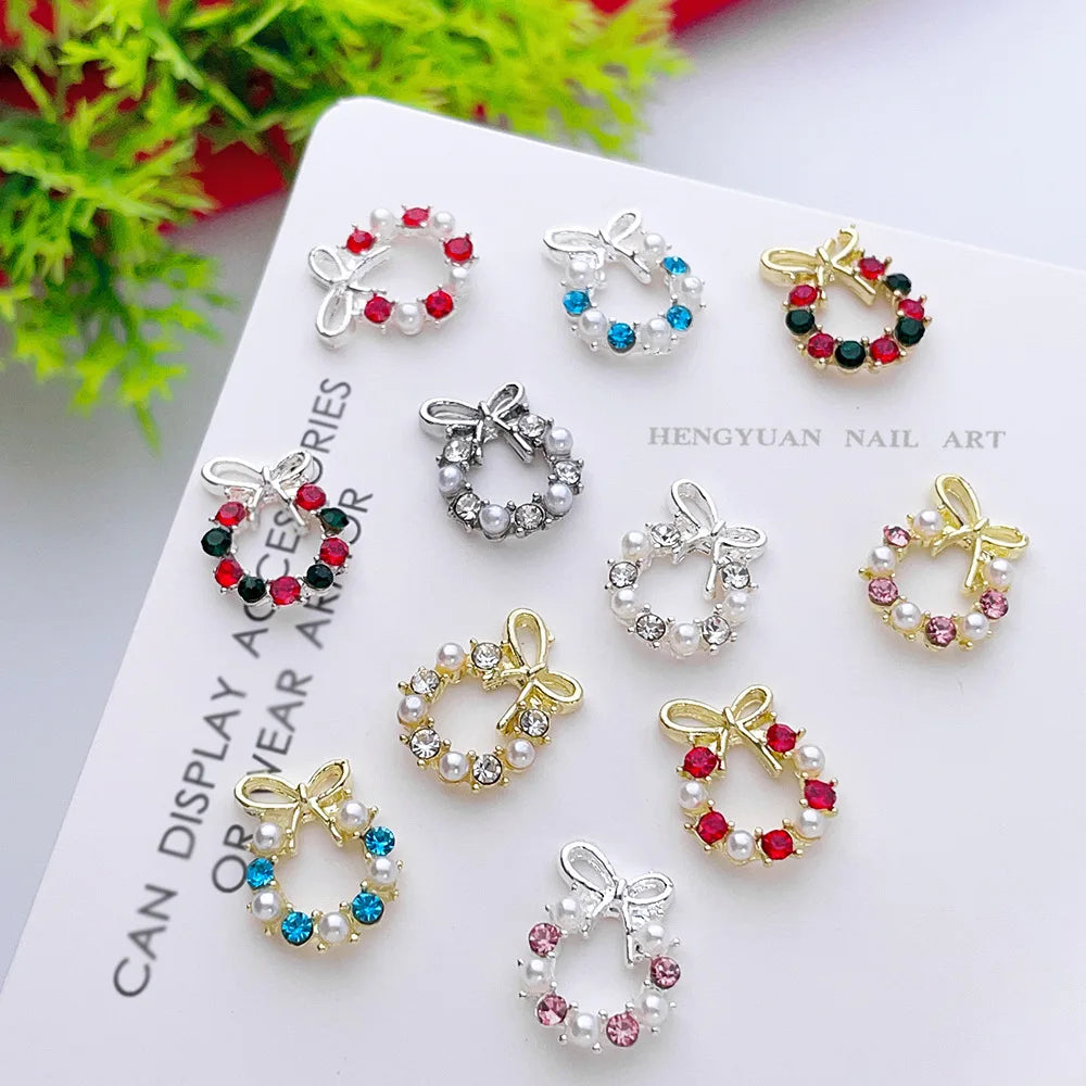 Luxury Christmas Wreath Nail Art Charms Pink Bow Pearl Diamond Gold Silver Alloy Nails 3D Decoration Jewelry for Manicure Design