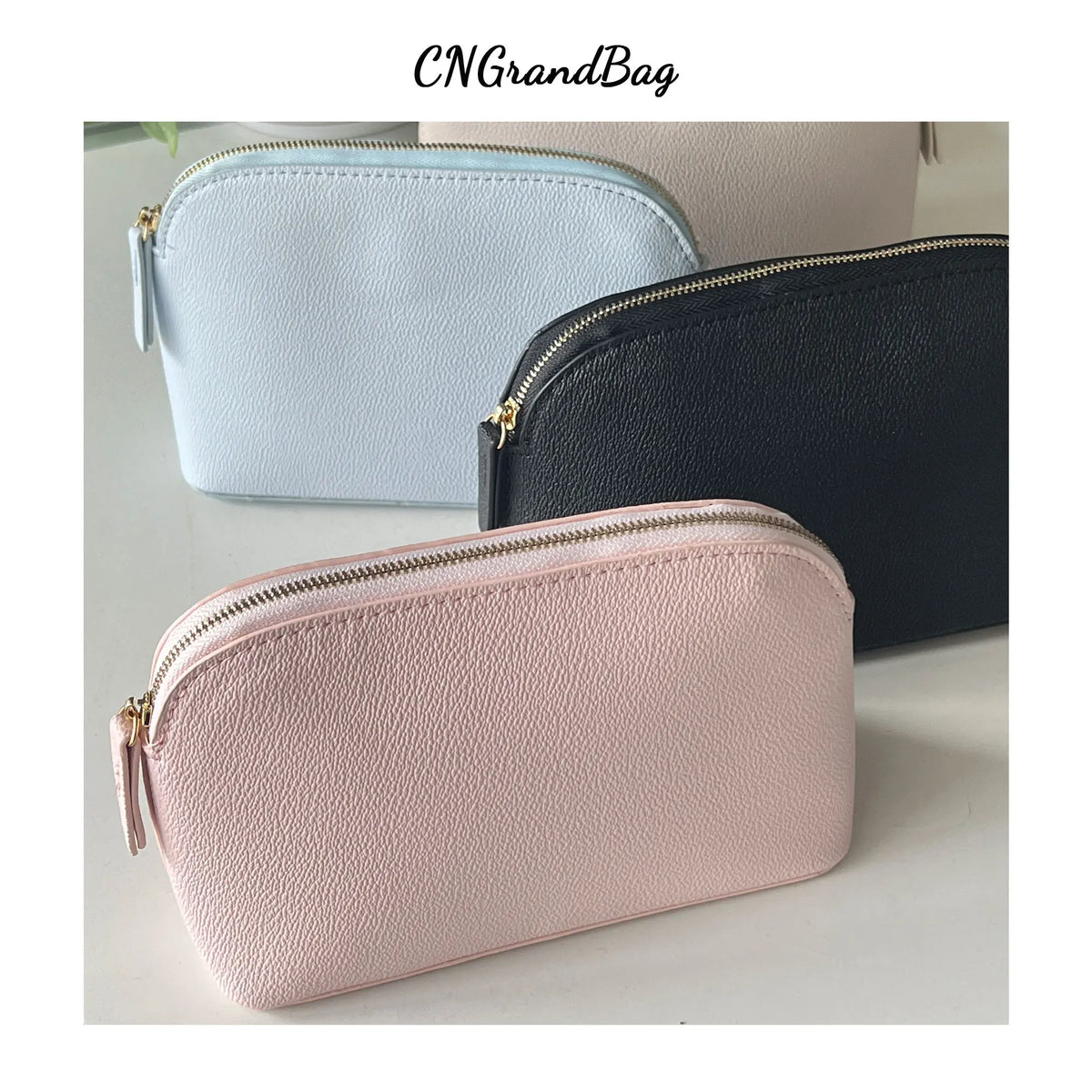 Customized Letters PU Leather Cosmetic Storage Bag Classic Simple Atmosphere Solid Color Make Up Bag Advanced Zipper Wash Bag