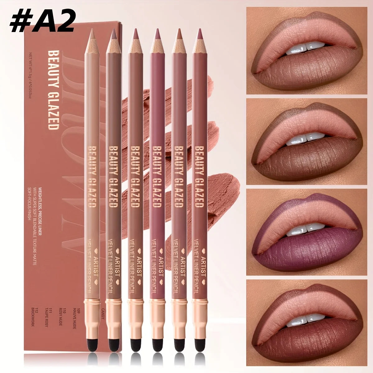 Beauty Glazed 6pcs Matte Nude Sponge Lip Liner Set  Long-Lasting Silky Waterproof Texture Multi-Function Makeup Pens