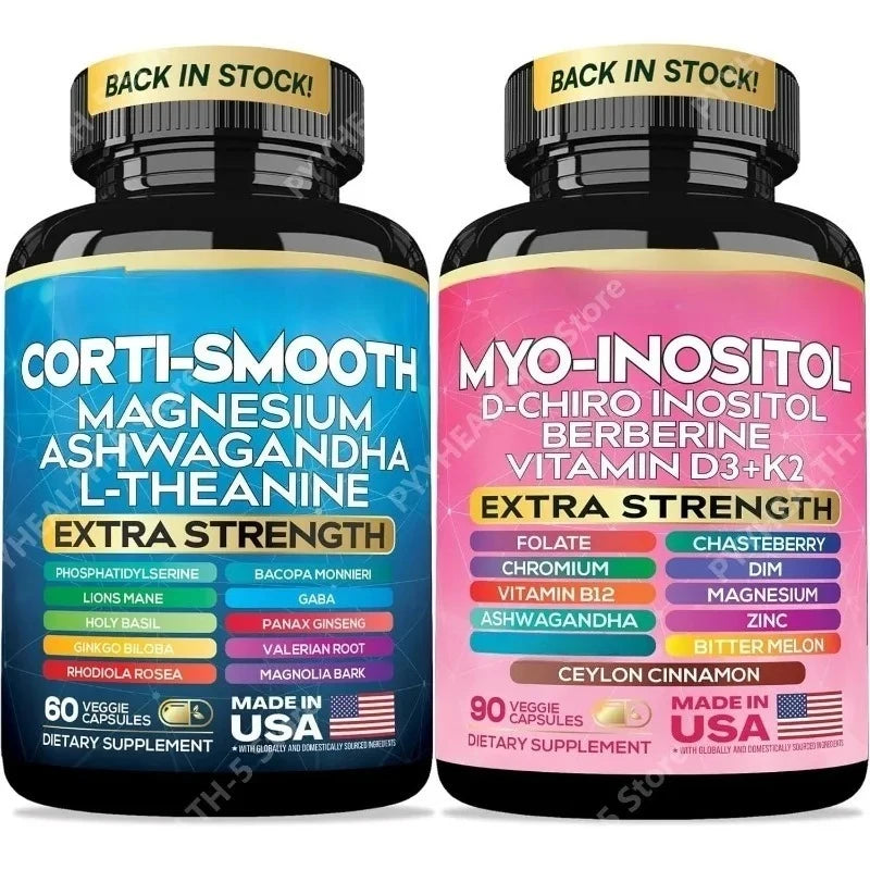 Cortisol & Myo-Inositol Supplement Bundle, Soothe & Smooth Bundle, 13-in-1 Cortisol Balance, Magnesium, Ashwagandha, L-Theanine