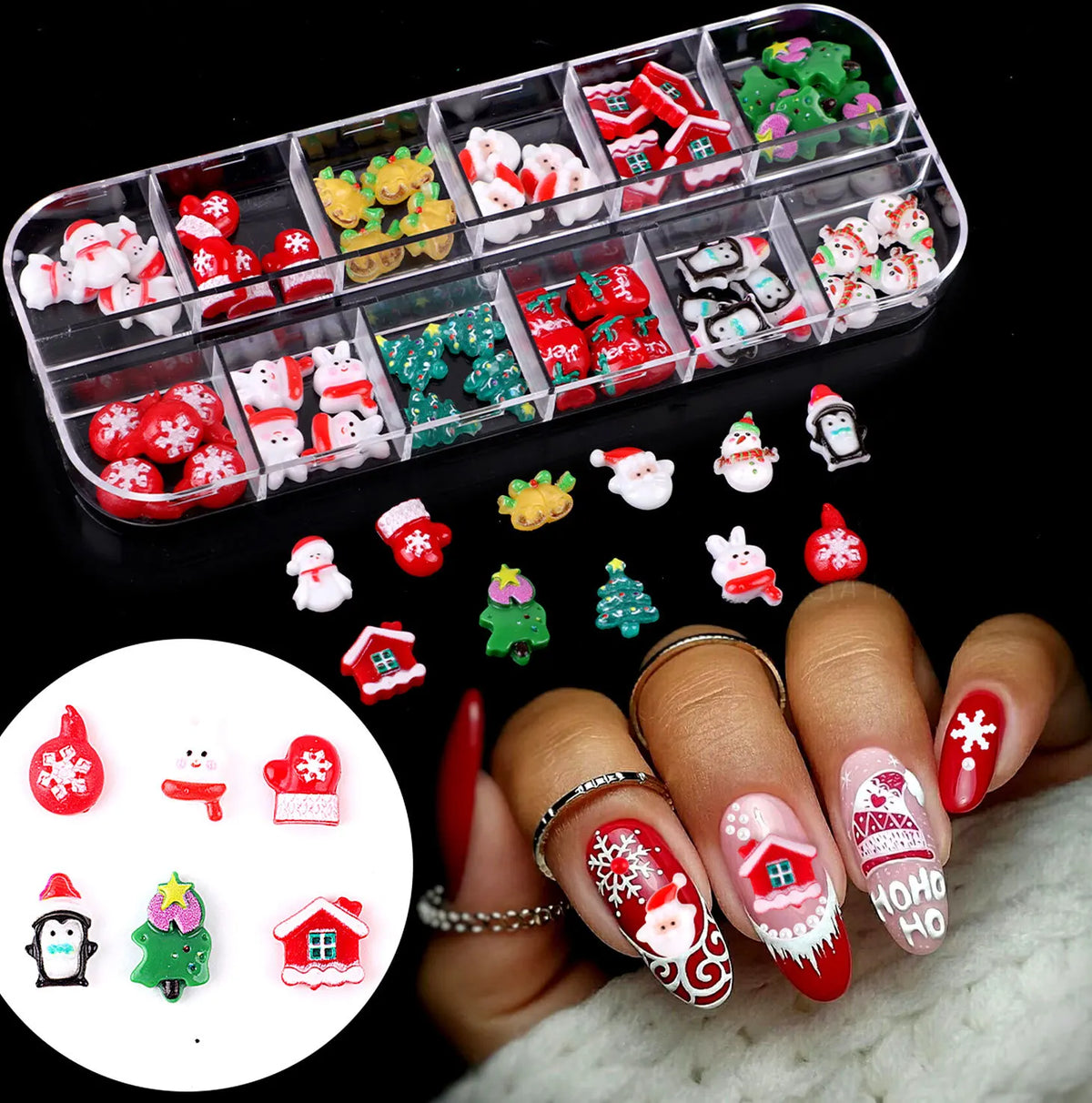 Christmas Theme Nail Art 3D Resin Decor Set, Santa Claus, Colorful Penguins, Snowman, Christmas Tree, Gloves, Bow, Star, 3D Nail