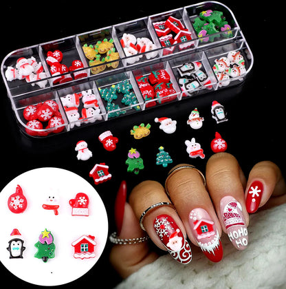 Christmas Theme Nail Art 3D Resin Decor Set, Santa Claus, Colorful Penguins, Snowman, Christmas Tree, Gloves, Bow, Star, 3D Nail
