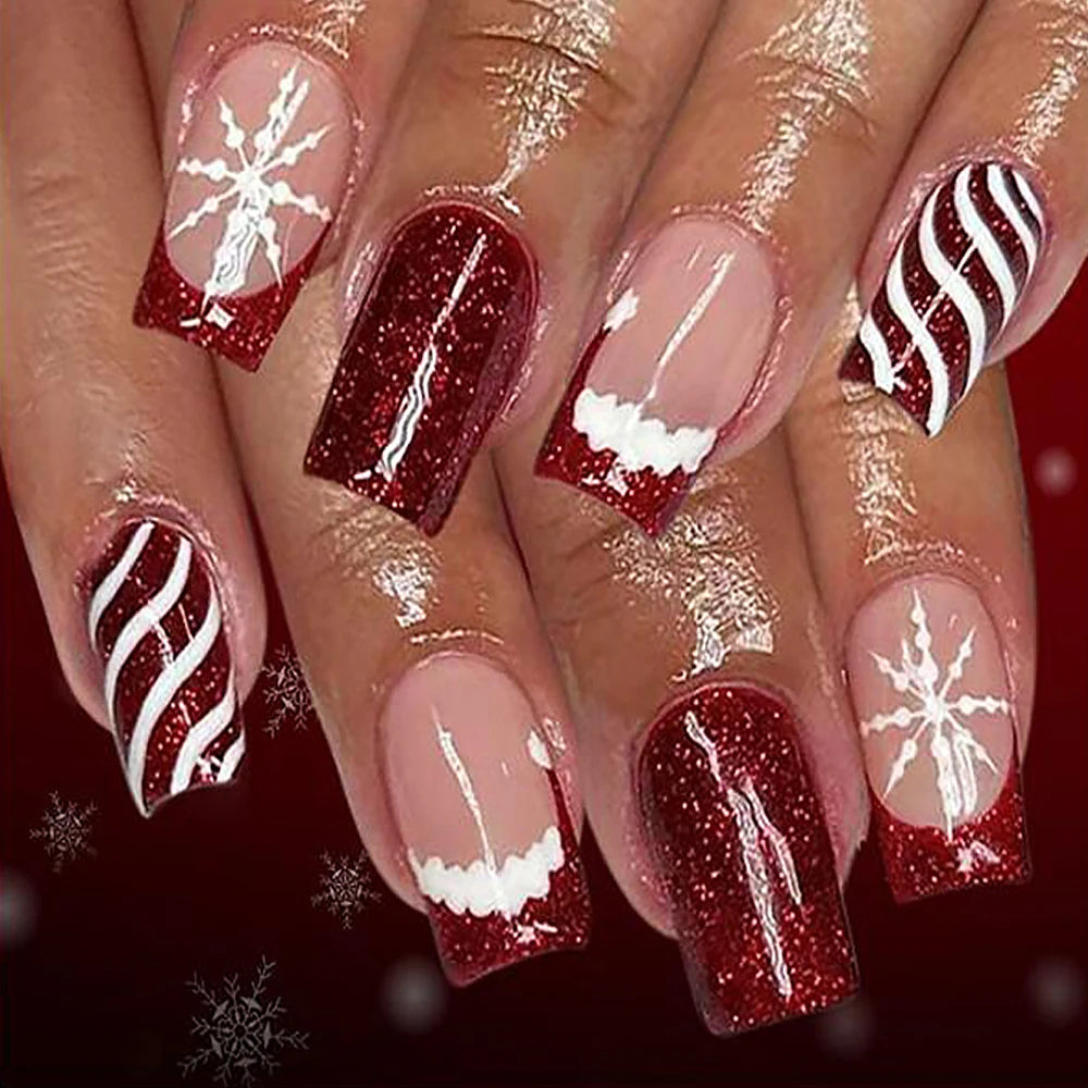 24Pcs Red Christmas Fake Nails Cute Santa Claus Reindeer & Snowflake Designs Artificial Nails Glossy Short Oval Press On Nails