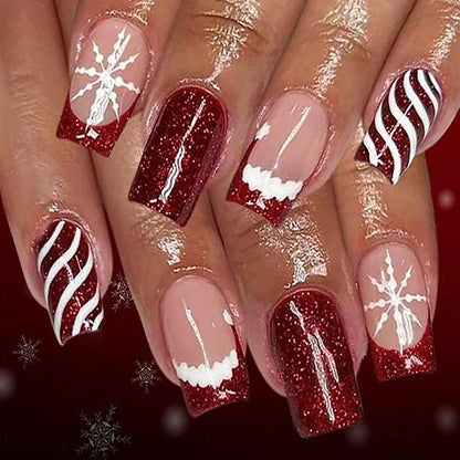 24Pcs Red Christmas Fake Nails Cute Santa Claus Reindeer & Snowflake Designs Artificial Nails Glossy Short Oval Press On Nails