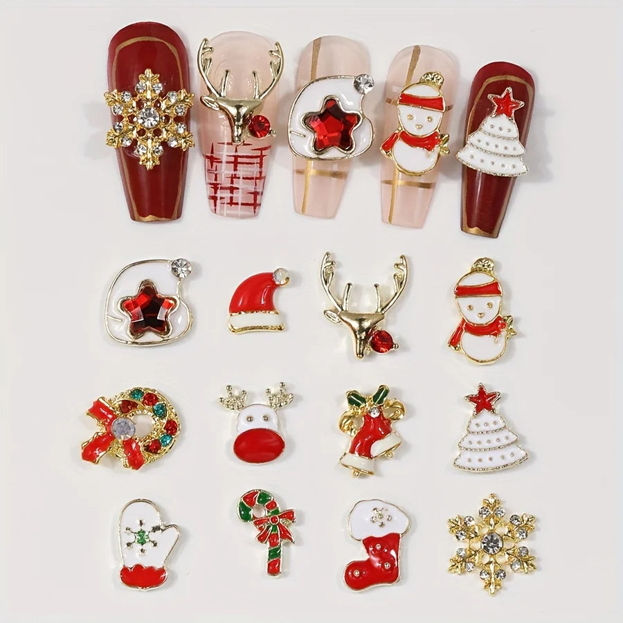 12 Grids Christmas Alloy Nail Charms Mixed Santa Hat Reindeer Snowflake Candy Cane 3D Rhinestone Enamel Ornaments Holiday DIY Nail Decor