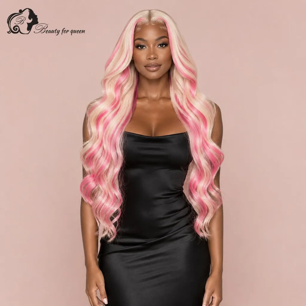 Radiant Platinum Pink Streak Ombre Human Hair Wigs Body Wave Long Premium Bouncy Lustrous Pre Plucked For Lady Vixen Glamorous