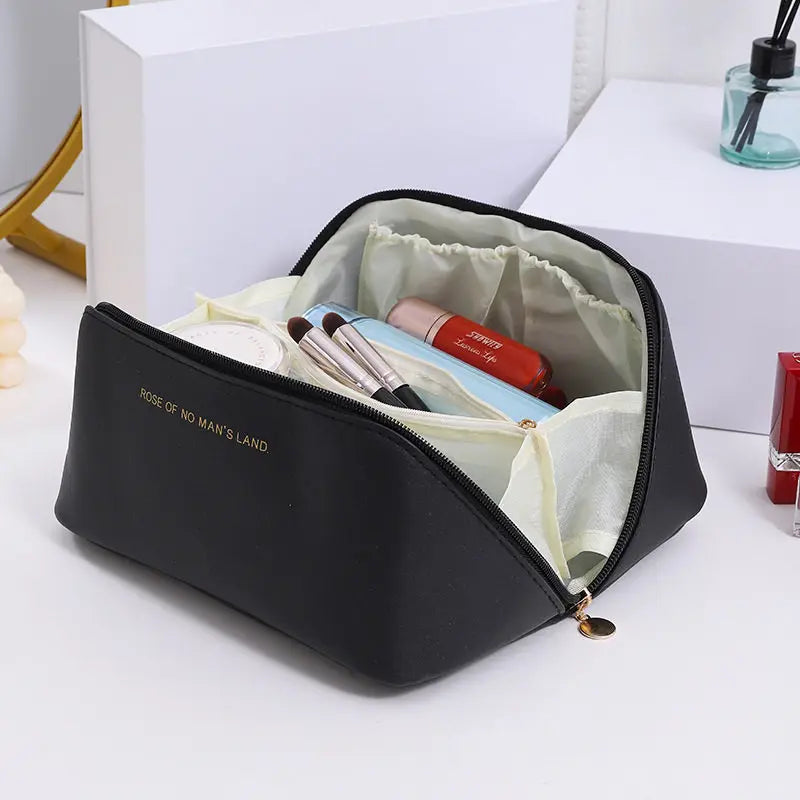Women Travel Makeup Bag PU Cosmetic Organizer Large Capacity Toiletry Bag Wide Opening Portable Wash Bag