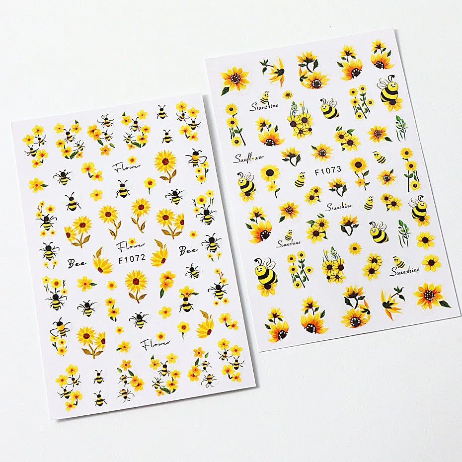 Bee Sunflower Floral Nail Art Stickers with Yellow Daisy Flower Garden Nail Decals Self-Adhesive Sliders DIY Nail Supplies