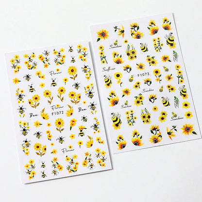 Bee Sunflower Floral Nail Art Stickers with Yellow Daisy Flower Garden Nail Decals Self-Adhesive Sliders DIY Nail Supplies