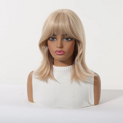 Short Light Pink Wave Synthetic Wigs with Bangs Rose Gold Lolita Natural Hair Wigs for Women Cosplay Daily Party Heat Resistant