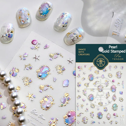 Gold Stamped Shell Conch Scallop Starfish Pearl 5D Embossed Self Adhesive Nail Art Stickers Delicate Ocean Style Manicure Decals