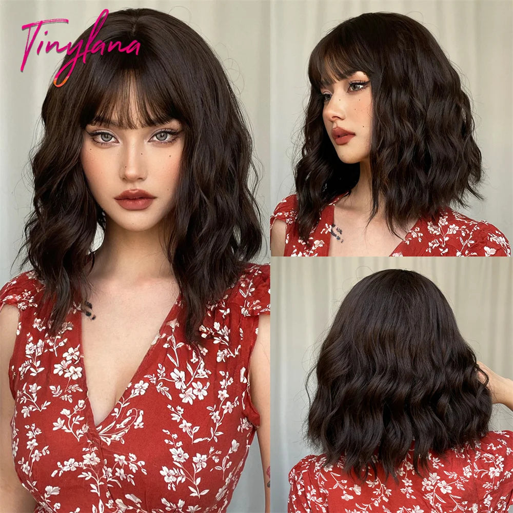 Curly Short Bob Brown Wavy Synthetic Wigs with Bangs Lolita Cosplay Brown Wig for Women Natural Daily Party Hair Heat Resistant
