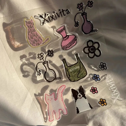 Korean Simple Ins Style Transparent Jelly Sticker Cute Cartoon Small Animal Pet Bag Flower Sticker