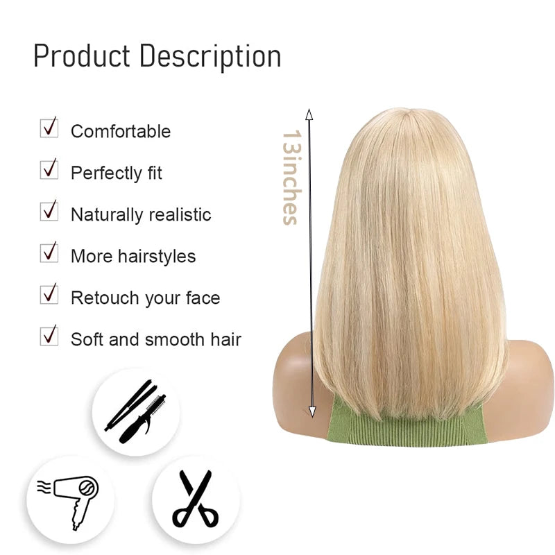 #613 Platinum Blonde Short Bob Wig with Bangs Natural Straight Shoulder Length Wig Heat Resistant Synthetic Daily Wear Full Wig