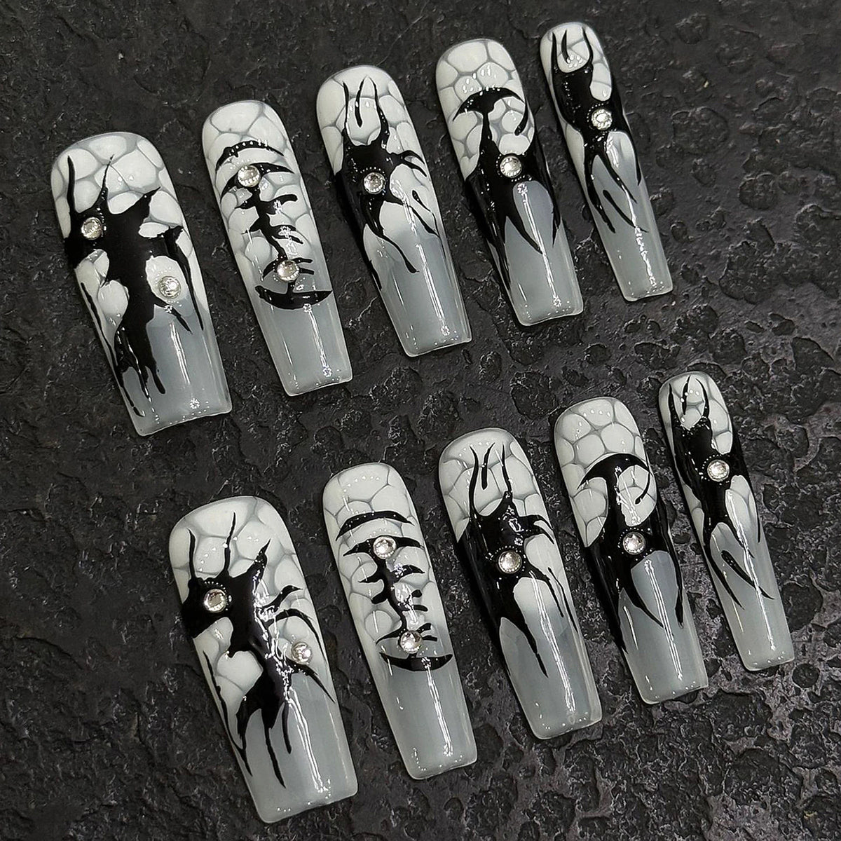 Handmade Press on Nails Black Hand painted Long Coffin Ballet Fake Nails for Women Girls Wearable Full Cover European False Nail