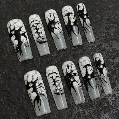 Handmade Press on Nails Black Hand painted Long Coffin Ballet Fake Nails for Women Girls Wearable Full Cover European False Nail