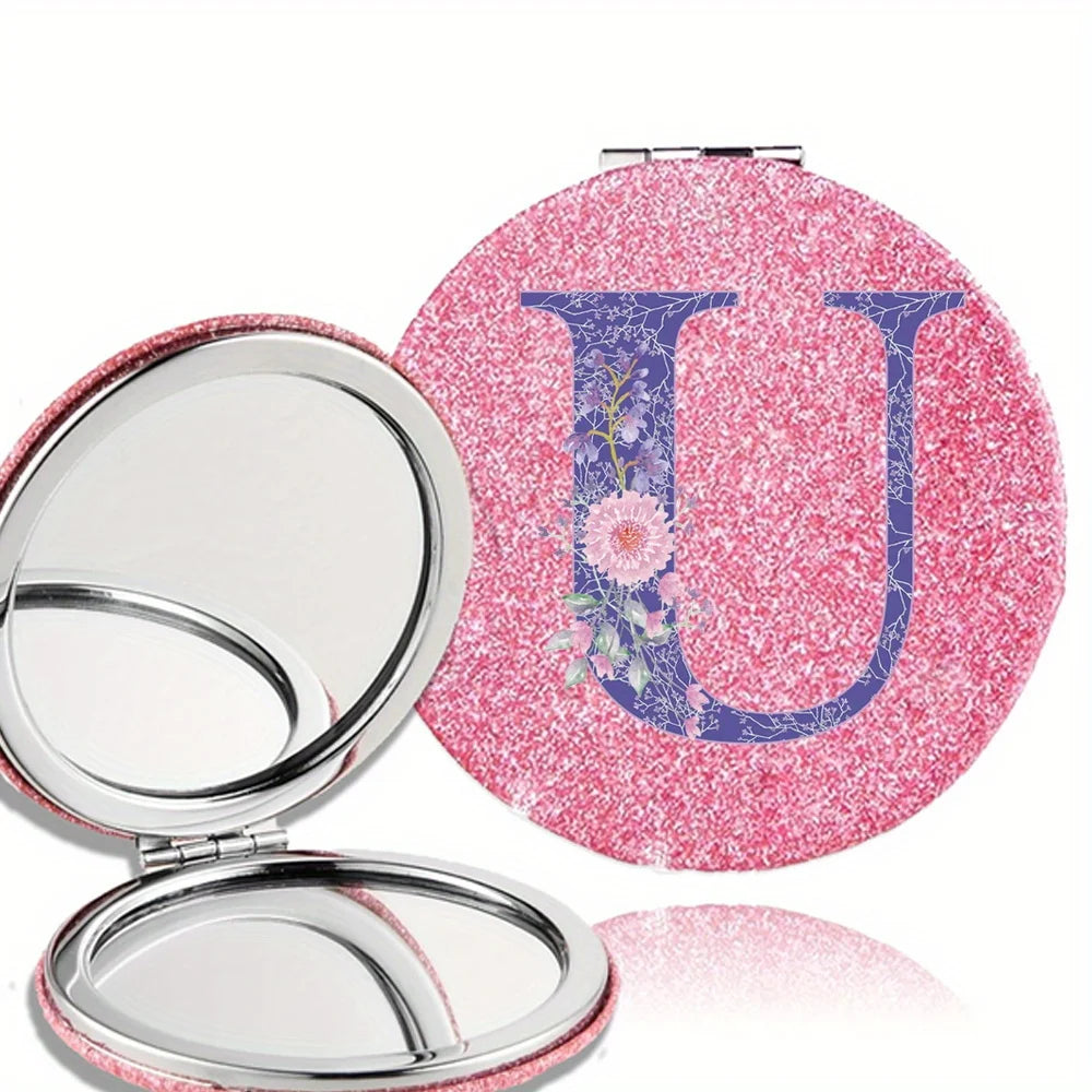 Women Folding Makeup Mirror Facial Beauty Makeup Care Tool Durable PU Surface Waterproof Ideal Party Gift Pink Flower Pattern