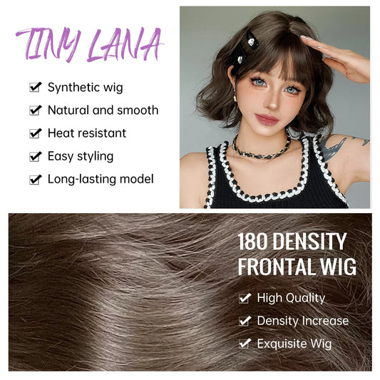 Curly Short Bob Brown Wavy Synthetic Wigs with Bangs Lolita Cosplay Brown Wig for Women Natural Daily Party Hair Heat Resistant