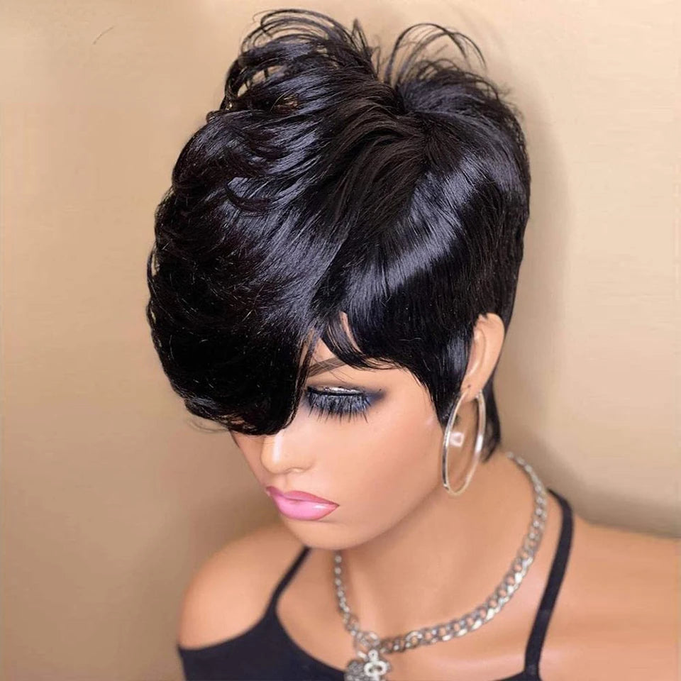Pixie Cut Wig For Women Human Hair Short Wigs With Bangs Brazilian Real Full Machine Made Layered Wig Hair Replacement Wig