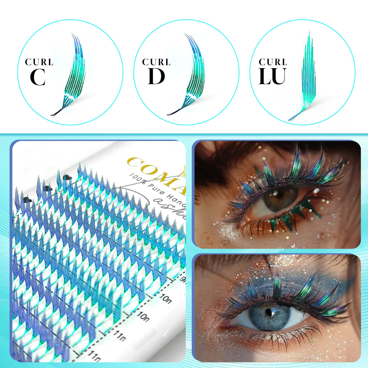 CoMango Christmas Color Fashion Glamorous Green Golden Spire Eyelash Extension Glitter Tinsel Lash Holographic Manga False Lash