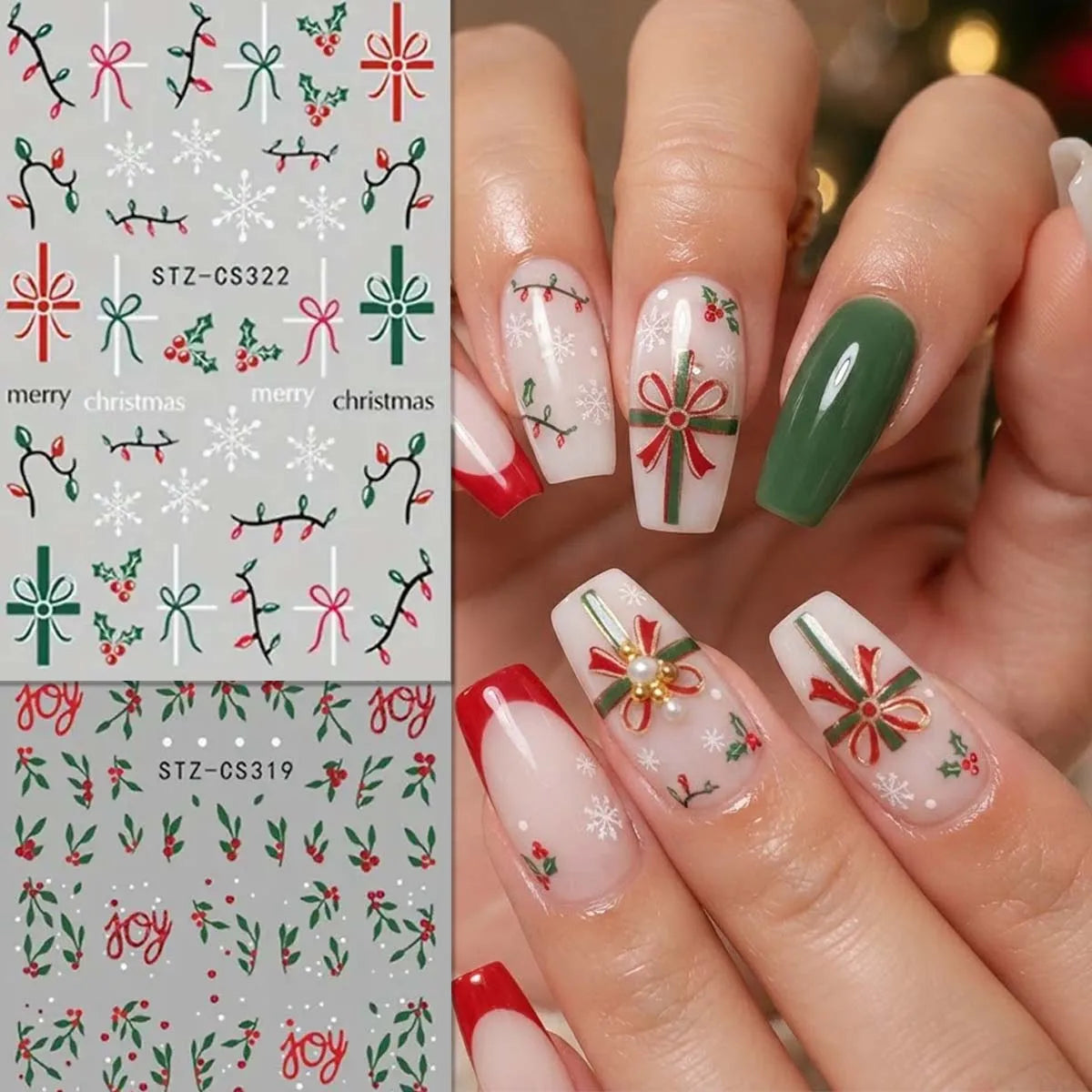 2PCS 3D Red Green Christmas Nail Stickers Holiday Snowflake Bow Berry Decals Winter Holiday Party Nail Art Supplies