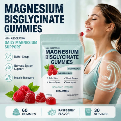 Magnesium Bisglycinate Gummies for Adults 400mg High Absorption for Sleep Nervous System Health Muscle Recovery Bone Health 60ct