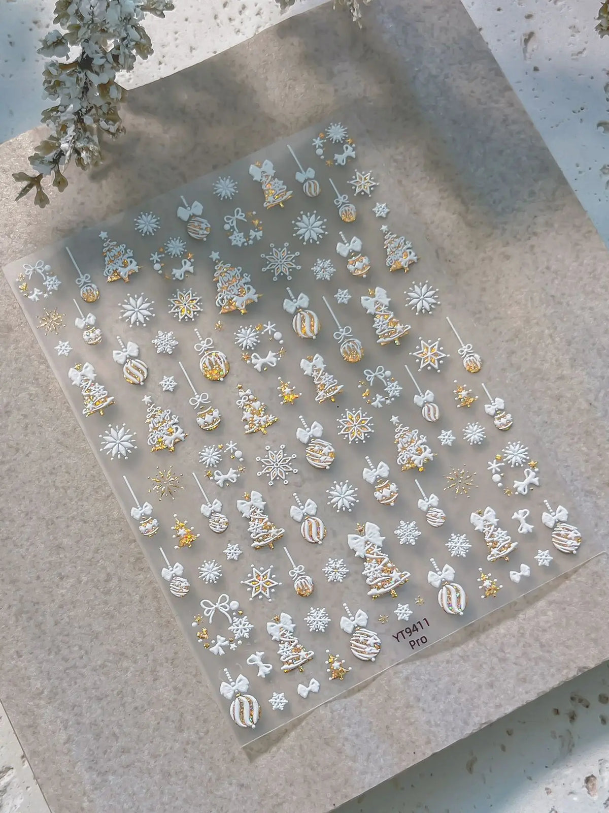 Tender Blue Christmas Tree Hanging Ball Ribbon Gold Star Snowflakes Bowknot Ring Adhesive Nail Charms Art Sticker Manicure Decal