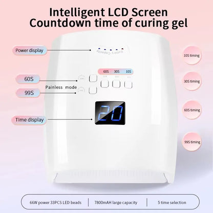 Rechargeable UV LED Nail Lmp, 66W Gel Nail Dryer, Professional Nail tool, 5-gear timing, Suitable for Home and Salon