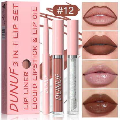 Matte Lip Liner Lip Gloss Lip Oil Set, 3-in-1 Waterproof Non-sticky Long-Lasting Lipstick, Nude Deep Red Mauve, Christmas Makeup