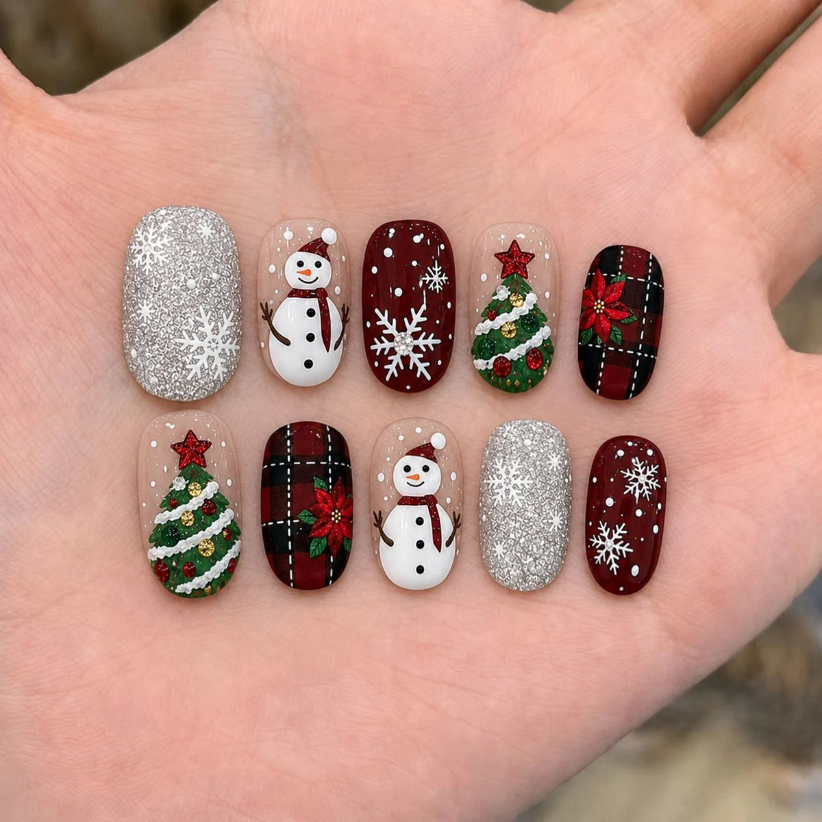 30pcs Red Plaid Festival False Nails Snowflake Snowman Xmas Tree Designs Press On Nails Christmas Short Round Fake Nail Tips