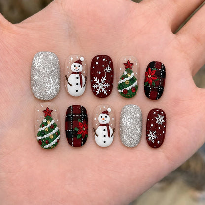 30pcs Red Plaid Festival False Nails Snowflake Snowman Xmas Tree Designs Press On Nails Christmas Short Round Fake Nail Tips