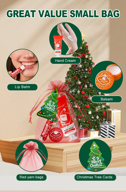 Christmas Assembly Gift Set - 20 Sets, Including Balm, Hand Cream, Lipstick, Red Gauze Bag, Christmas Tree Thank You Card