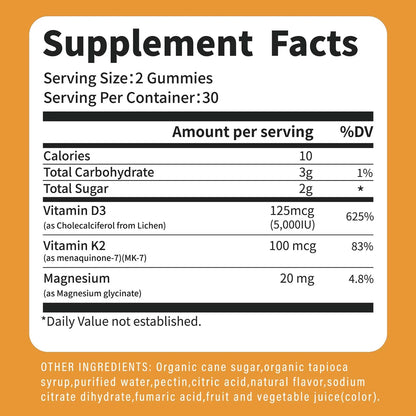 Vitamin D3 5000IU and 100 Mcg Vitamin K2 Gummies for Calcium Absorption, Bone Regeneration, Immune Support