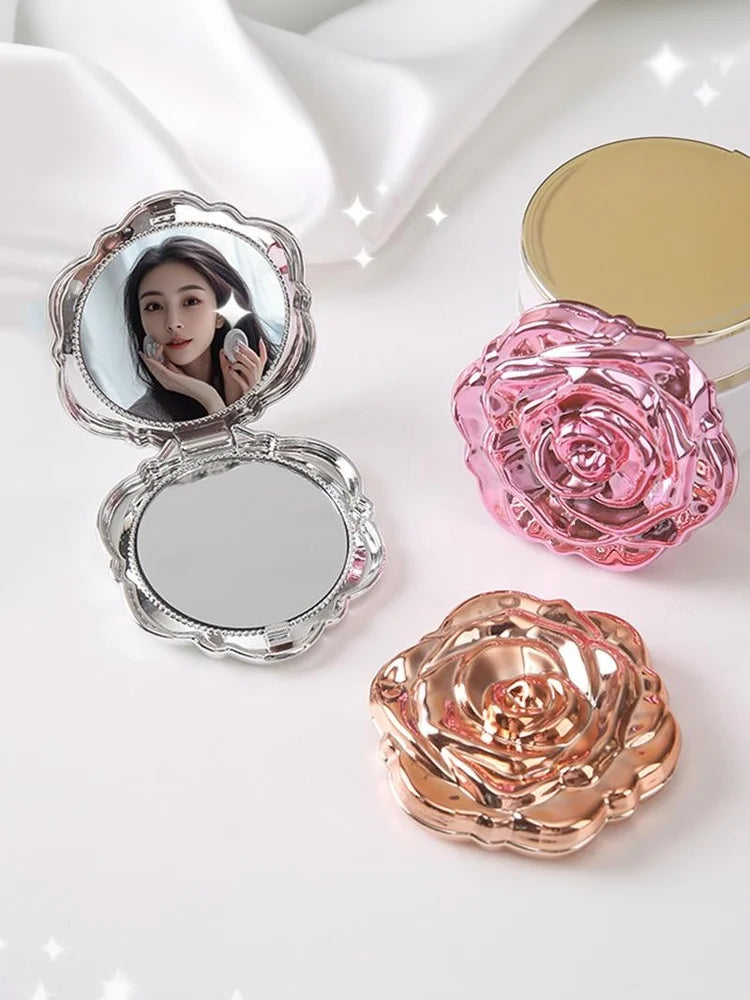 Portable Mini Mirror Retro Rose Flower Shape Small Pocket Makeup Mirror Double Sided Hand Mirrors Compact Cosmetic Beauty Girls