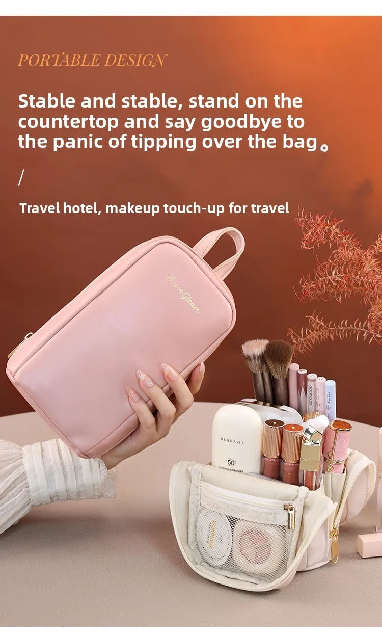 Stand-Up Flap Cosmetic Pouch Portable for Business Trips Makeup Bag Medicine Storage Pouch PU Makeup Brush Storage Cosmetic Bags