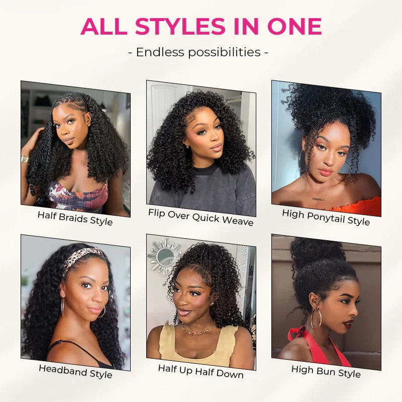 300% Glueless Wigs Human Hair Afro Kinky Curly Headband Wig Upgrade 3 IN 1 Half Wig With Drawstring Seamless Clip Ins Flip Over