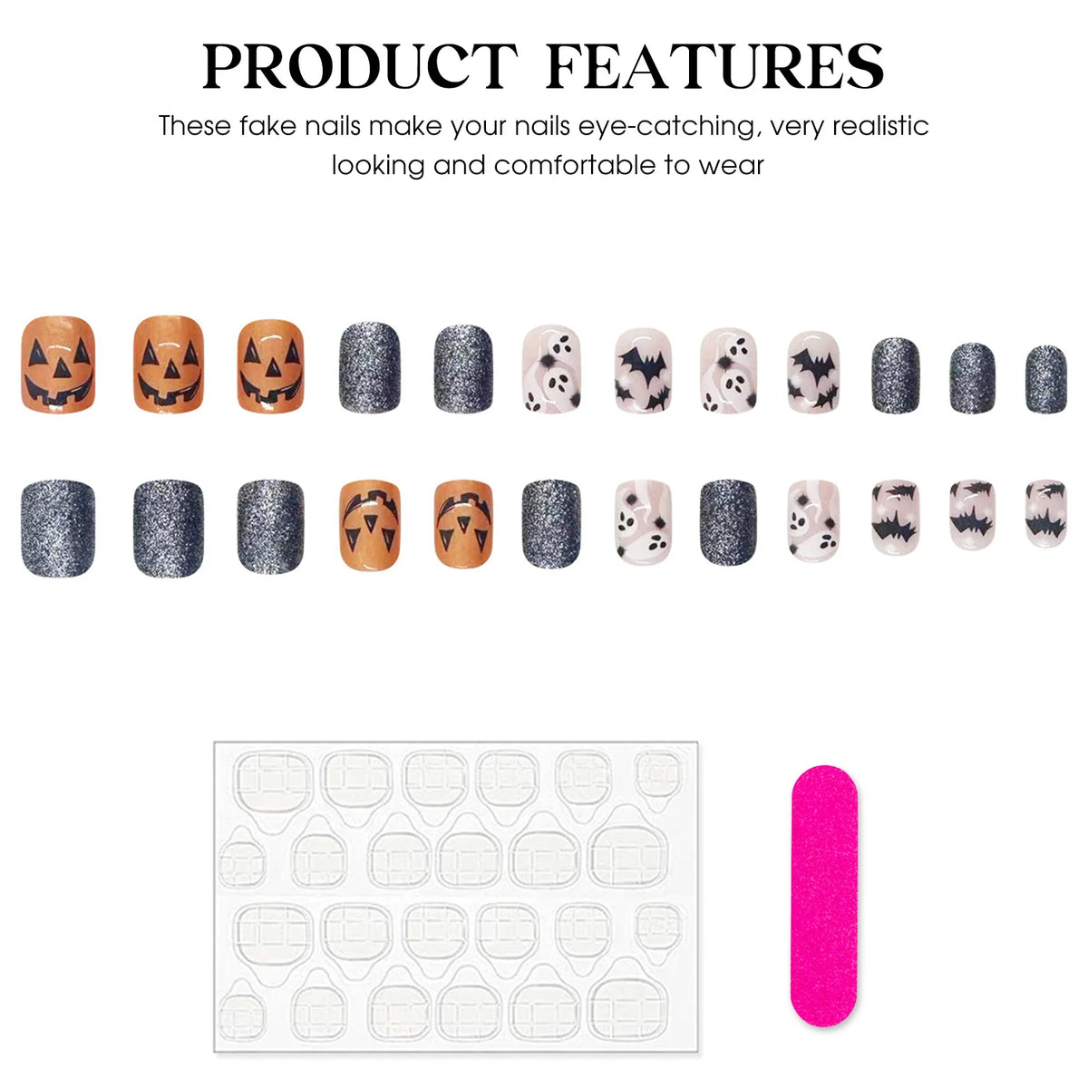 24pcs Halloween Fake Nails With Black Ghost Bat Pumpkin Design Wearable Colorful Glitter Short Square False Nails Press On Nails