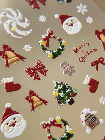 2026 New 5D Embossed Garland/Christmas Tree Nail Stickers White Snowflakes Bow Star Nail Decals Self-Adhesive Xmas Nail Decor