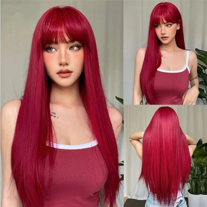 White Long Straight Synthetic Wigs for Women Colorful Cosplay Party Fake Hair with Bangs White Wig HighTemperature