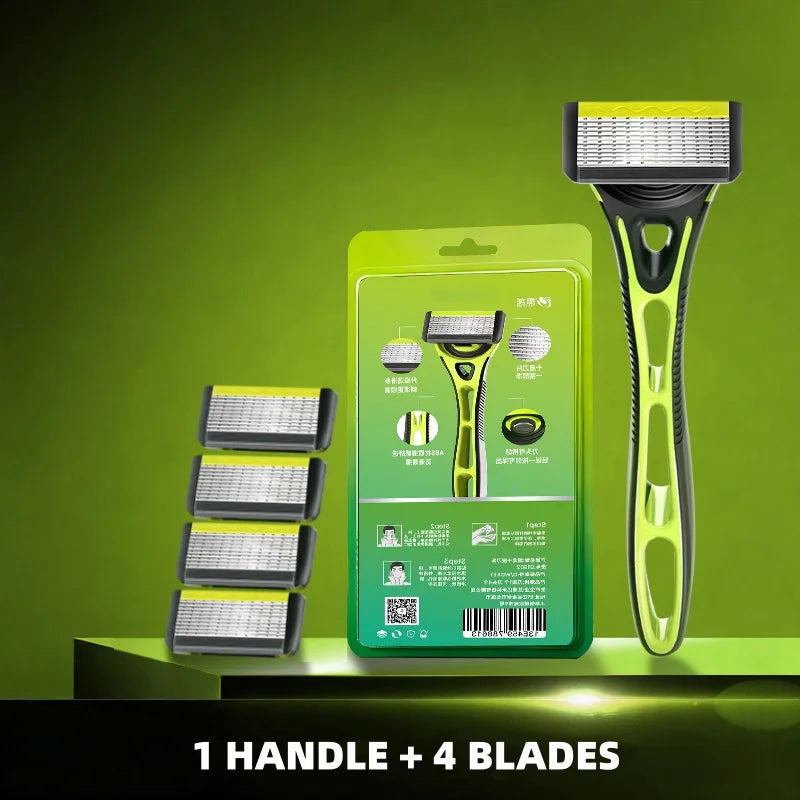 10-Blade Razor for Men Women with 1 Handle & 4 Refills, Stainless Steel Replaceable Shaver Blades, Manual Grooming Kit