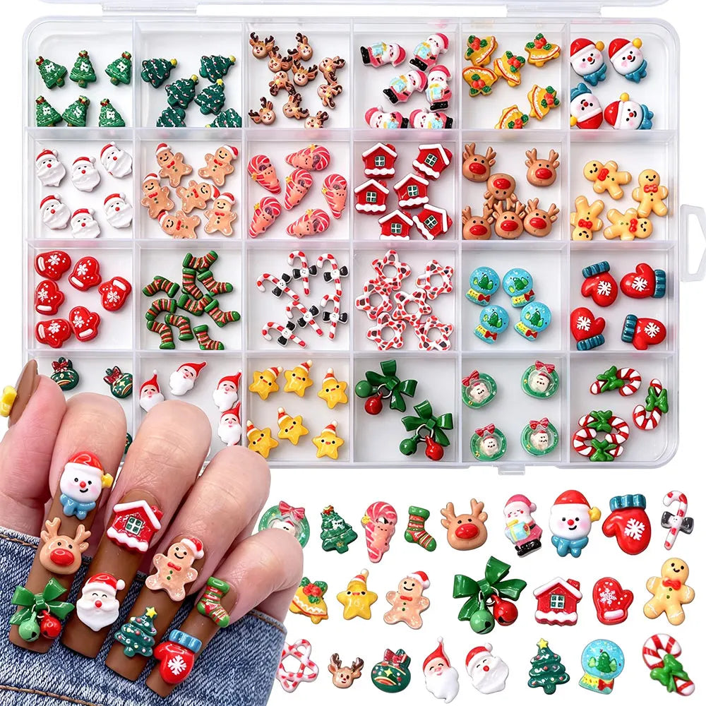 12grid 3D Kawaii Christmas Nail Charms Cute Santa Claus Snowman Bell Stocking Elk Wreath Nail Gems Resin Xmas Manicure Carft D2$