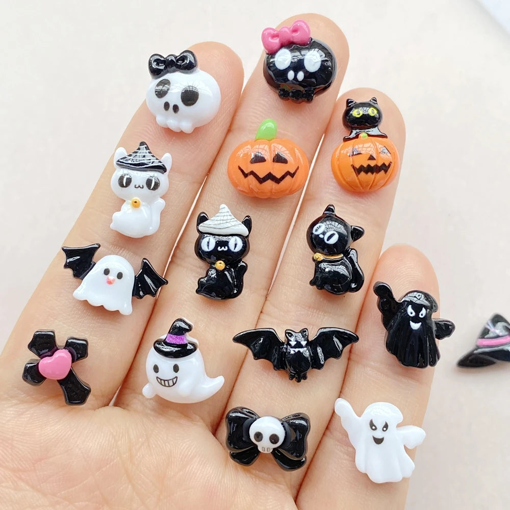20Pcs Cute Cartoon Halloween cat, pumpkin, bat Nail Art Resin Designer Charms DIY Craft For Nail 3D Decorations Jewelry
