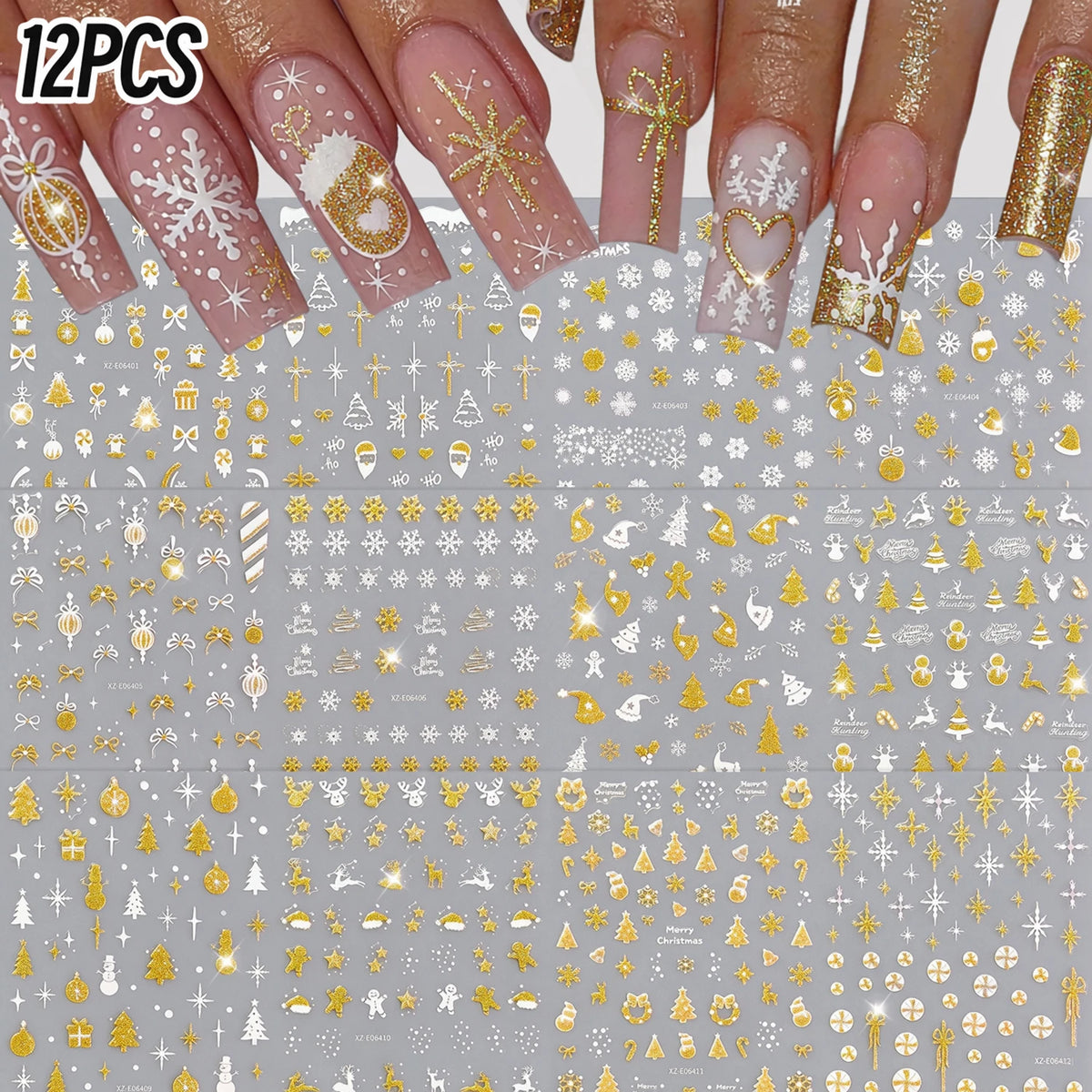 12Pcs Gold White Christmas Nail Stickers Cute Santa Snowflake Tree Ribbon Gingerbread Nails Decals for Xmas Winter Holiday Decor