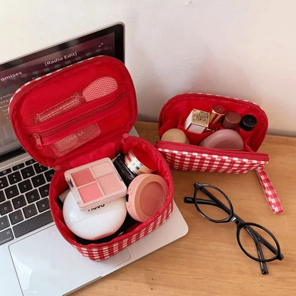 High Quality Red Grid Makeup Bag Multi-size Portable Toiletry Bag Cosmetic Pouch Women Cosmetic Bags & Cases