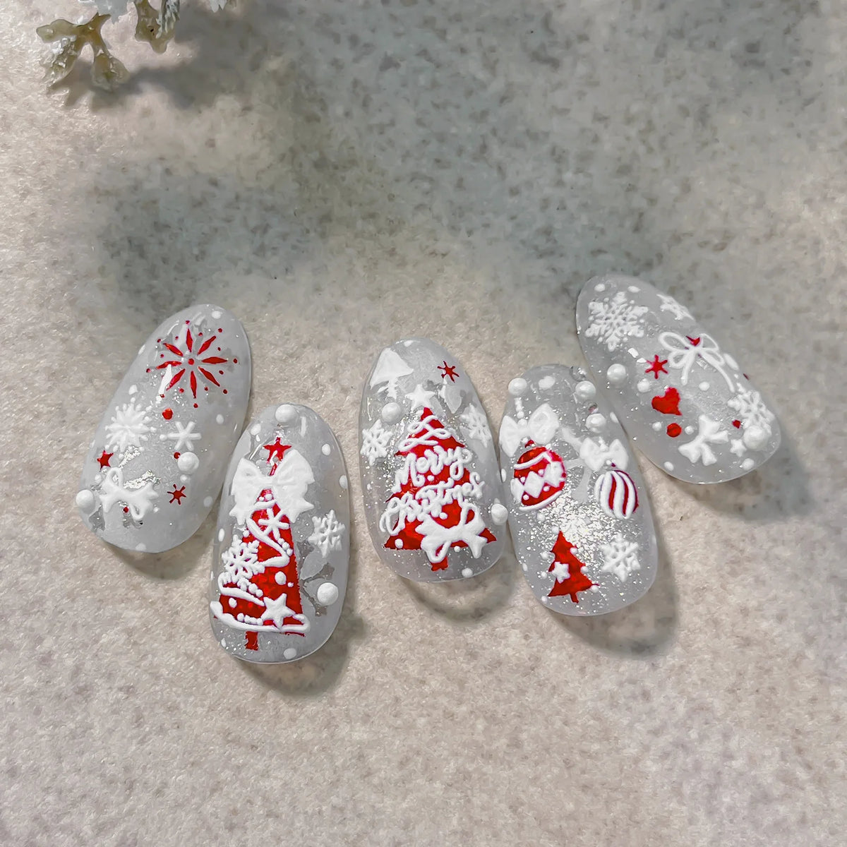 Tender Blue Christmas Tree Hanging Ball Ribbon Gold Star Snowflakes Bowknot Ring Adhesive Nail Charms Art Sticker Manicure Decal