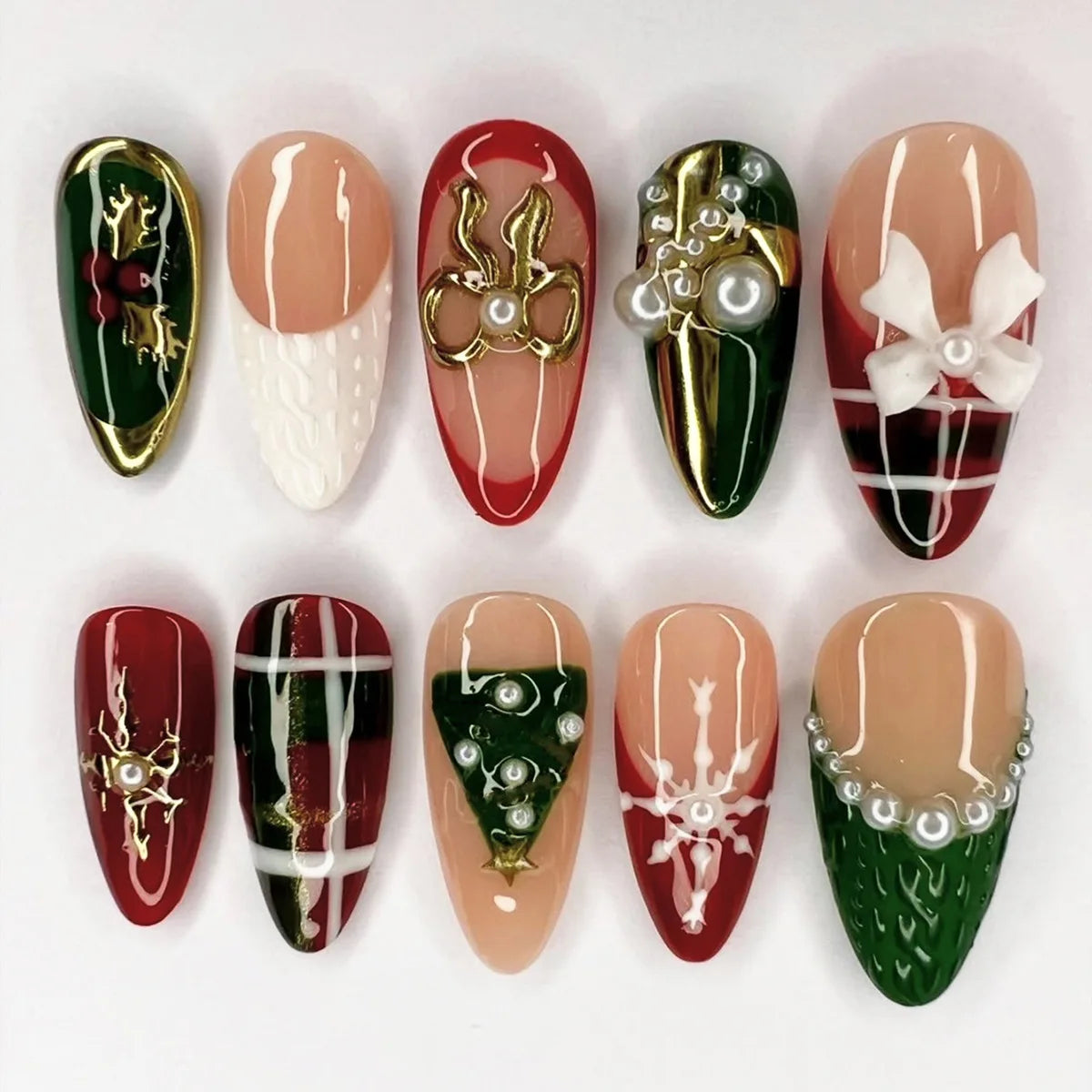 24PCS Christmas Red Almond Press on Nails Sweet 3D Gingerbread Man Xmas Tree Snowflake Design False Nails Wearable Acrylic Nails
