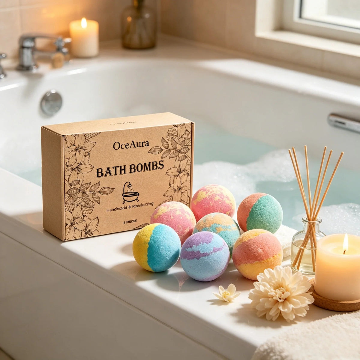 OceAura Bath Bombs Set Lily Rose Rosemary Bubble Skin Exfoliation Improve Dryness Handmade Gift Relaxing Spa Bath Salt Balls