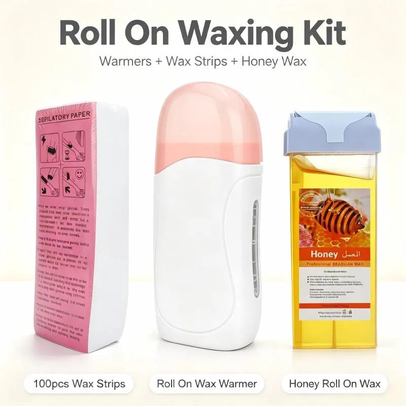 Women Home Hair Removal Kit Roll on Wax Warmer Honey Roller Wax Cartridge 100Pcs Depilatory Wax Strips Body Leg Arm Waxing Set
