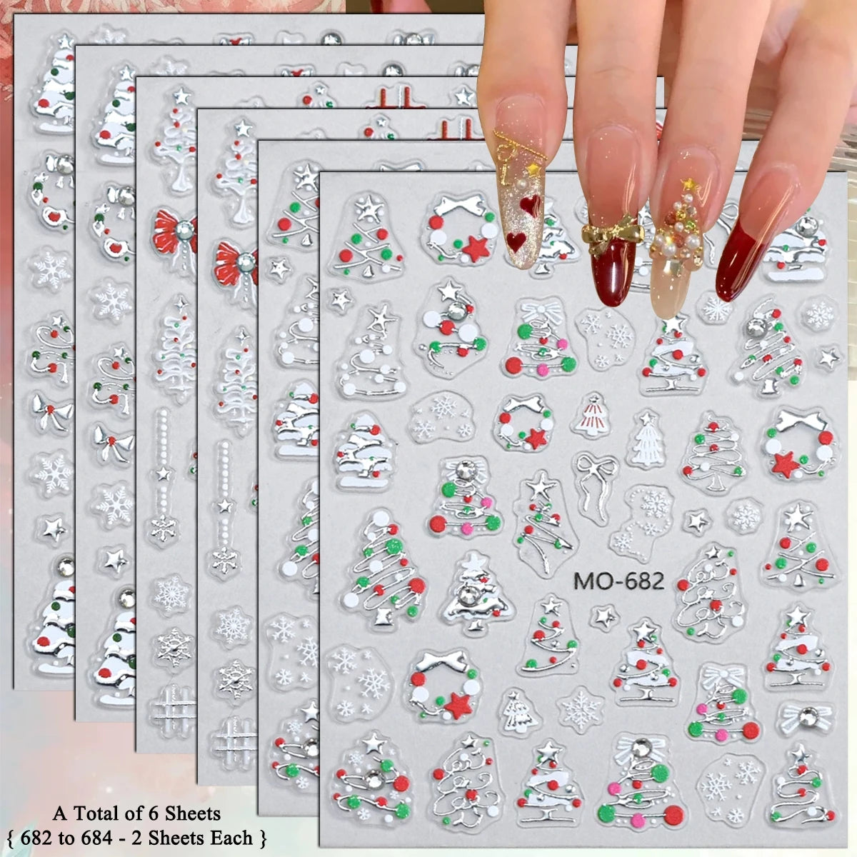 2 to 12 Sheets 5D Gold Silver Christmas Nail Decals Crystal Rhinestone Snowflake Xmas Tree Self Adhesive Nail Art Stickers