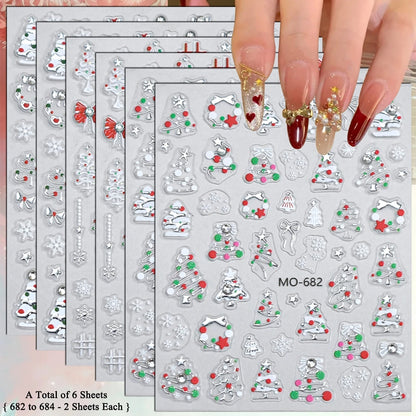 2 to 12 Sheets 5D Gold Silver Christmas Nail Decals Crystal Rhinestone Snowflake Xmas Tree Self Adhesive Nail Art Stickers